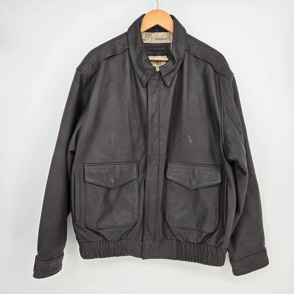 GIII G3 Mens L Brown Bomber Flight Jacket Full Zip Pockets Cool Classic Map‎